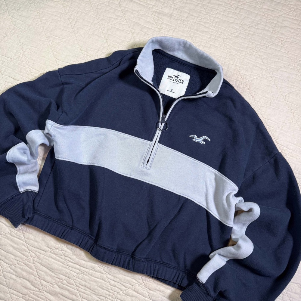Hollister Navy Blue Colorblock‎ Quarter Zip Pullover Cropped Sweatshirt Small